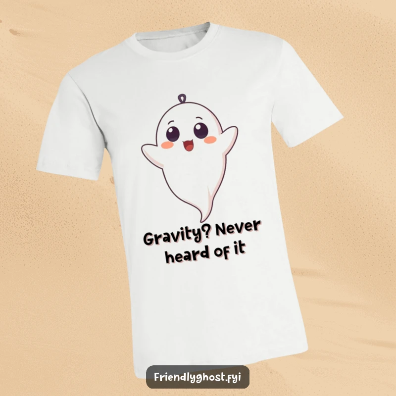 Funny t-shirt print of a ghost with wide, innocent eyes giggling while floating upside down, radiating pure, comical joy.