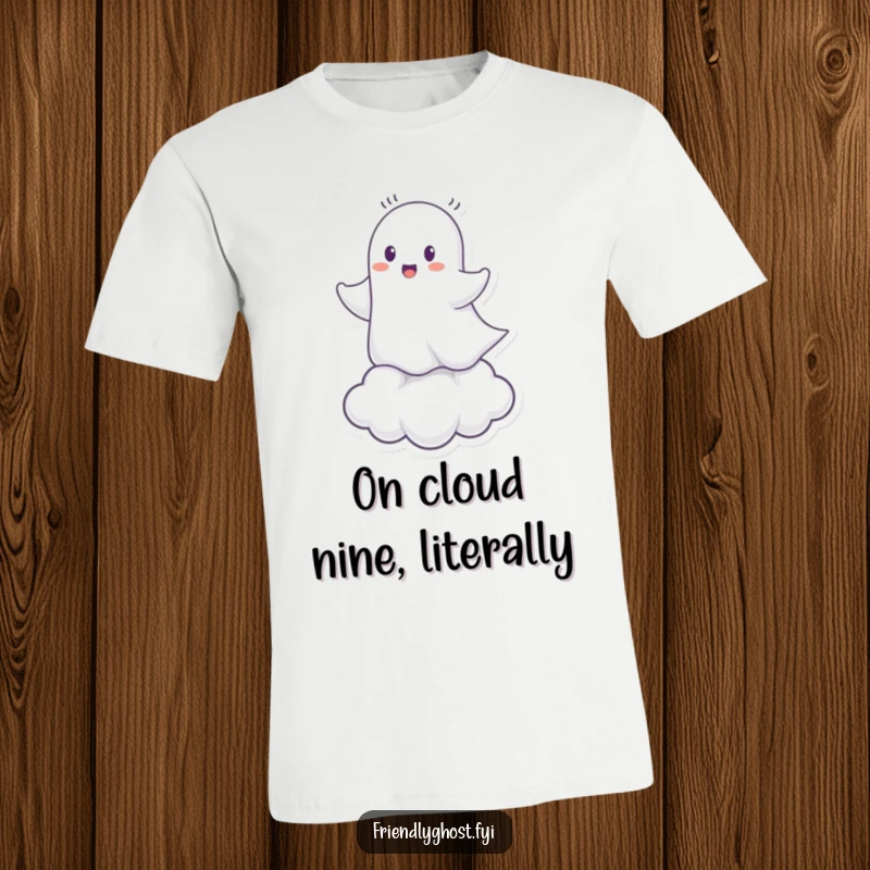 Funny Ghost Cloud Rider T-Shirt: Cheerful spirit riding a tiny cloud, perfect for a whimsical, humorous gift.