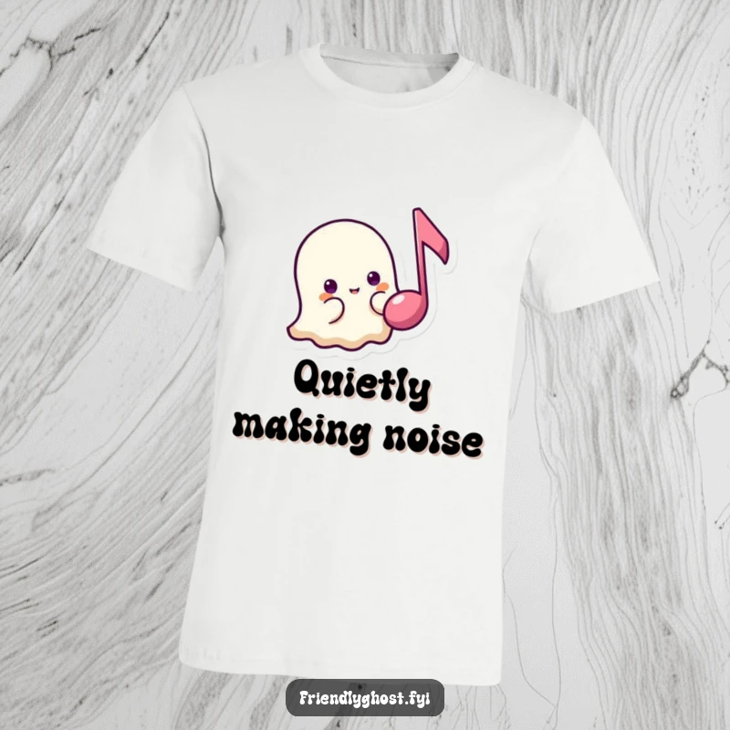 Funny shy ghost music t-shirt with a timid ghost peeking from behind a floating music note, perfect for gentle personalities and gifts.