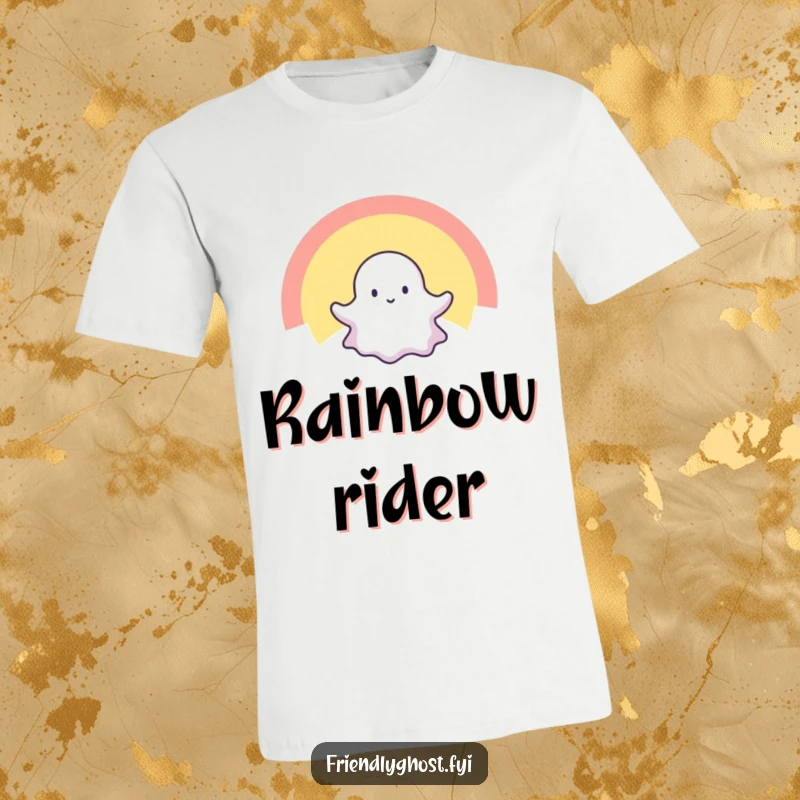 Funny t-shirt with a tiny ghost joyfully floating through a vibrant, radiant rainbow, radiating happiness and good spectral vibes.