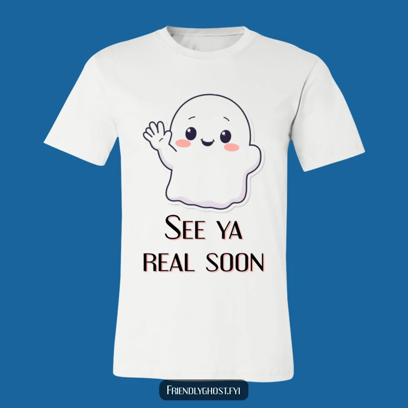 Funny Kawaii Ghost Waving T-Shirt - Cute & Enthusiastic Hello Tee Gift