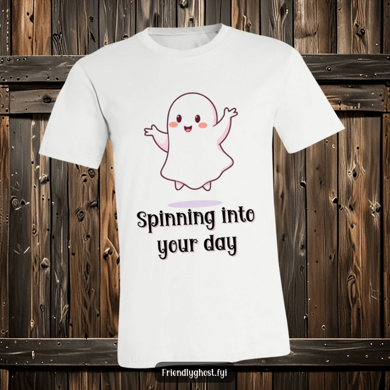 Funny ghost t-shirt, a cute specter in mid-pirouette, showcasing playful, ethereal movement.