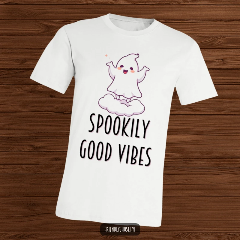 Funny t-shirt depicting a ghost happily doing a jig on a cloud, radiating cheerful energy and spooky-themed fun.
