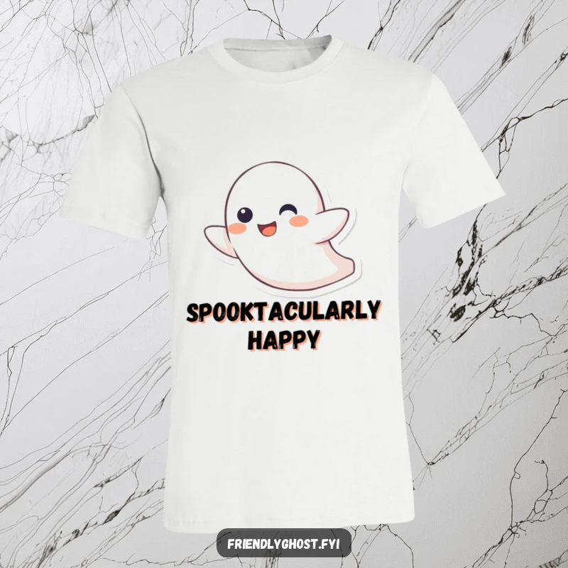 Funny T-shirt depicting a little ghost character joyfully zipping through the air with a playful grin, celebrating lighthearted fun.