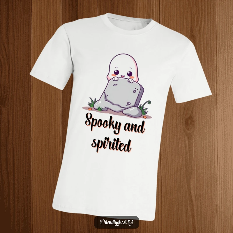 Funny ghost t-shirt with a cute ghost character playfully peeking from behind a tombstone, perfect for Halloween.