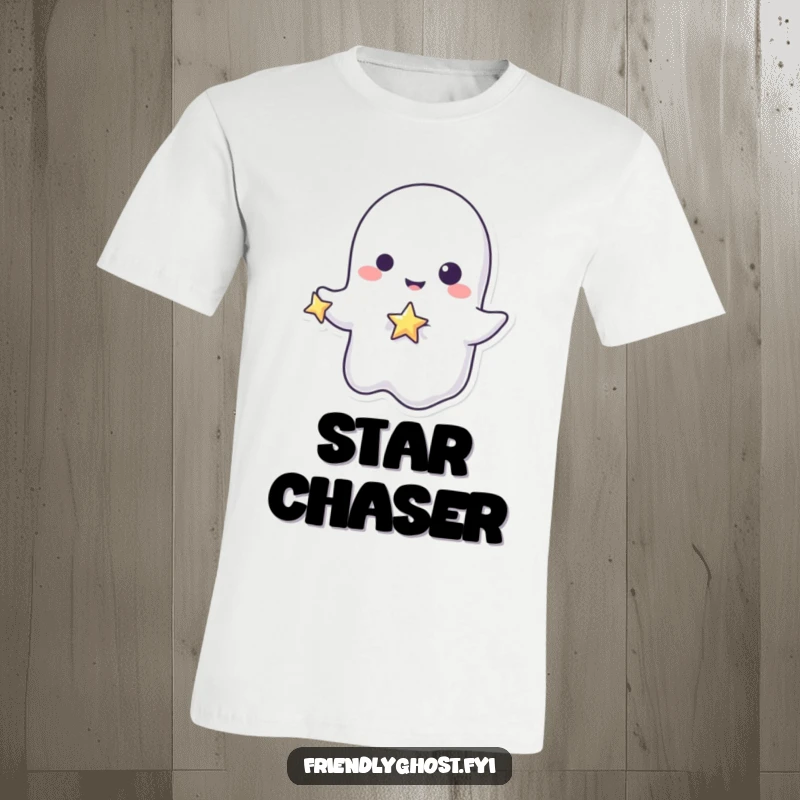 Funny ghost star t-shirt with a playful character holding a tiny, sparkling star, a comfortable and humorous apparel gift.