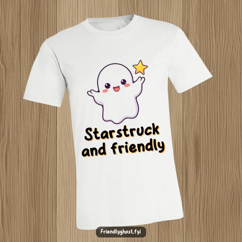 Funny t-shirt graphic of a friendly ghost reaching a wispy hand out to a tiny, twinkling star, symbolizing hope and wonder.