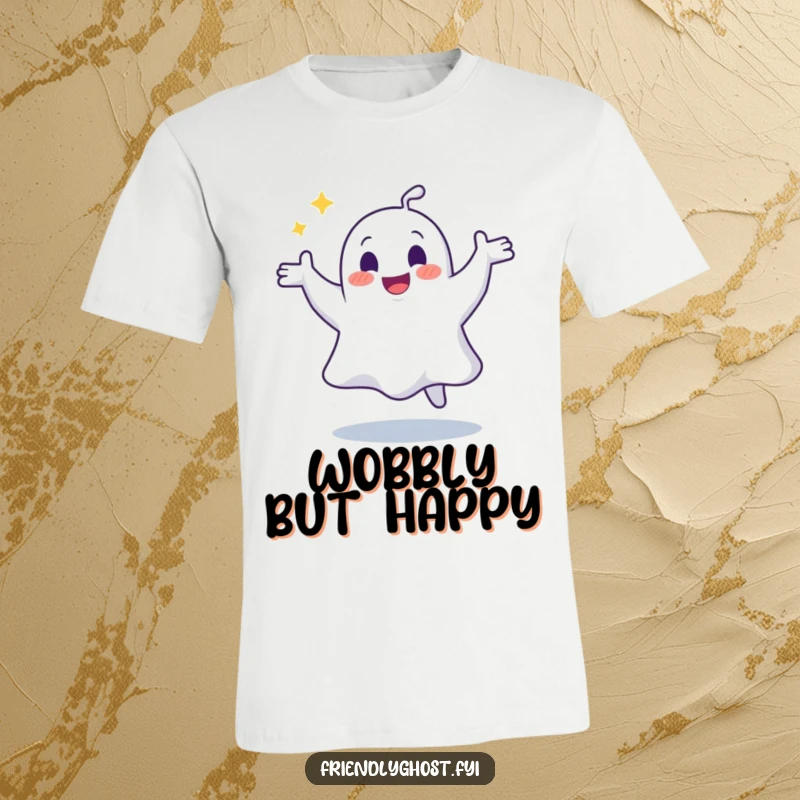 Funny t-shirt with a joyful ghost doing a hilarious, wobbly dance, embodying spectral freedom and pure delight.