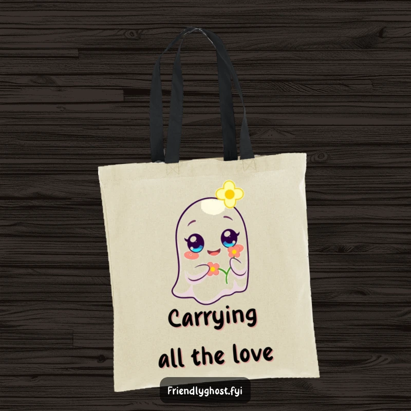 Funny Ghost Flower Bearer Tote Bag: A cheerful ghost with happy eyes offers a glowing flower, spreading kindness and beauty on the go.
