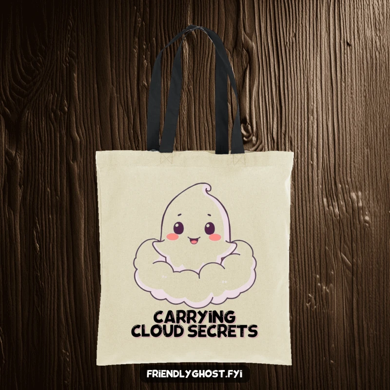 Funny Ghost Cloud Peeker Tote Bag: A cheerful ghost playfully peeks from a soft, fluffy cloud, making everyday errands feel enchanting.