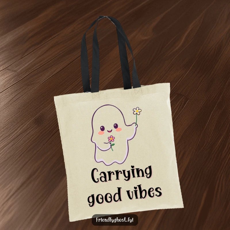Funny ghost tote bag featuring a smiling ghost presenting a small, delicate flower, perfect for everyday use.