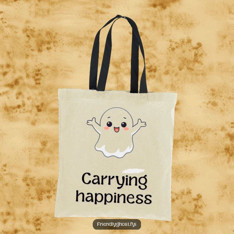 Funny tote bag with a small ghost character happily floating with arms outstretched, ready for a hug.