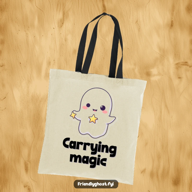 Funny ghost star tote bag featuring a playful character holding a tiny, sparkling star, a durable and humorous carry-all gift.