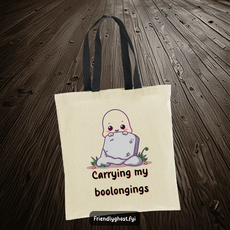 Funny ghost tote bag with a cute ghost character playfully peeking from behind a tombstone, a perfect accessory.