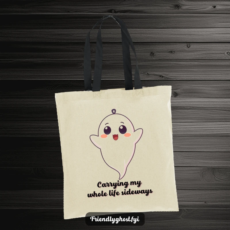 Funny tote bag illustrated with a giggling ghost character floating upside down, wide-eyed and full of innocent mirth.