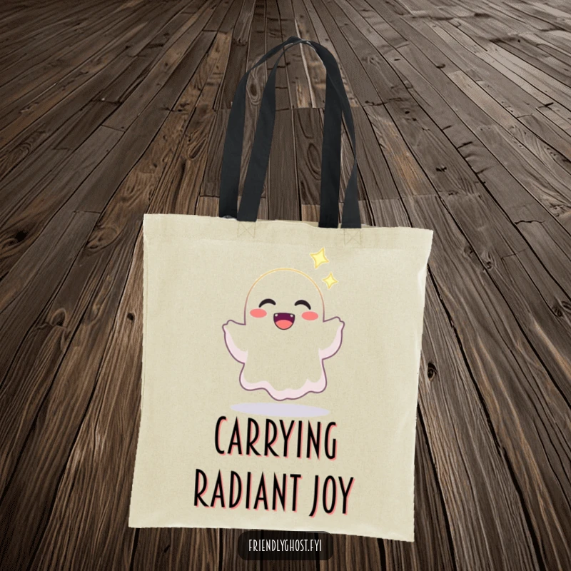 Funny tote bag with a joyful ghost character offering a bright, sparkling light, ideal for carrying essentials with purpose.