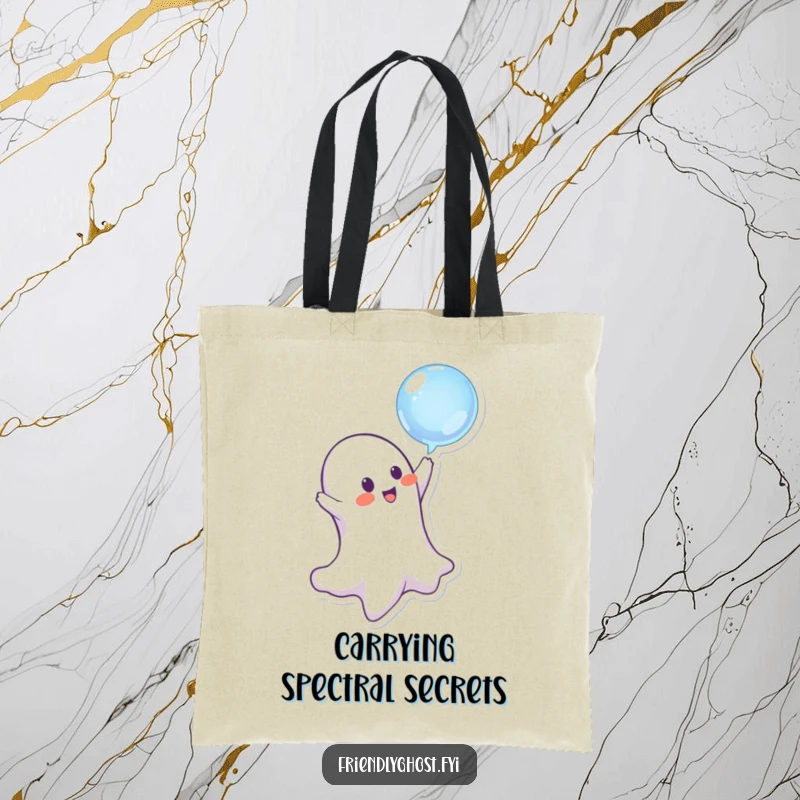 Funny ghost character bopping a glistening bubble, embodying playful mischief on this durable and stylish tote bag.