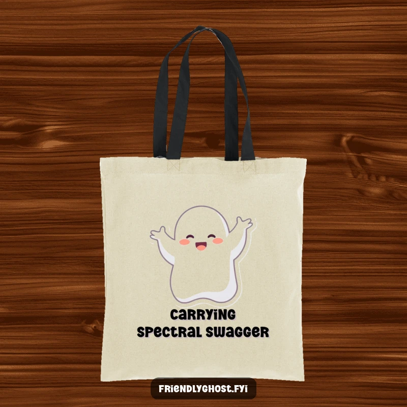 Funny tote bag adorned with a giggling ghost character mid-silly-dance, offering a cheerful and spectral touch to your daily errands.