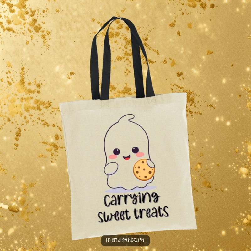 Funny ghost character tote bag, shown smiling while sharing a tiny cookie, perfect for carrying sweet things.