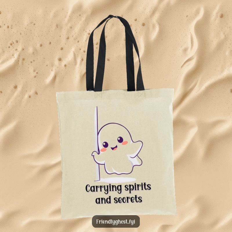 Funny ghost tote bag, a smiling specter playfully peeking around the corner, perfect for shopping.