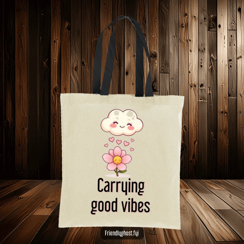 Funny tote bag with a happy cloud raining tiny sparkling hearts onto a flower, perfect for carrying items with cheerful, loving vibes.