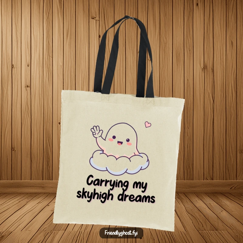 Funny ghost tote bag with a small, friendly ghost waving from a cloud, a charming and cheerful accessory.