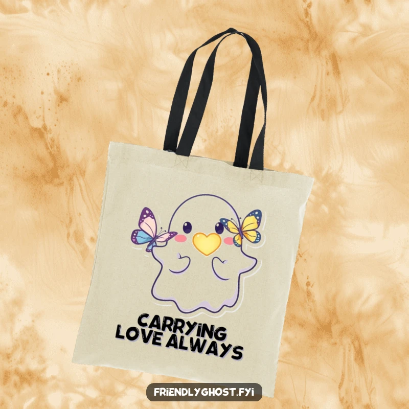 Funny friendly ghost tote bag with a kind character offering a glowing heart to a butterfly.