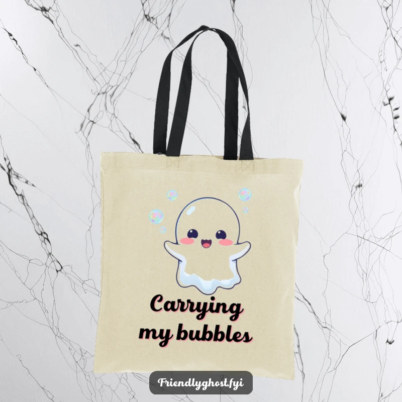 Funny Ghost Bubble Blower Tote Bag: A cheerful ghost happily blows iridescent bubbles, making everyday tasks feel magical and fun.