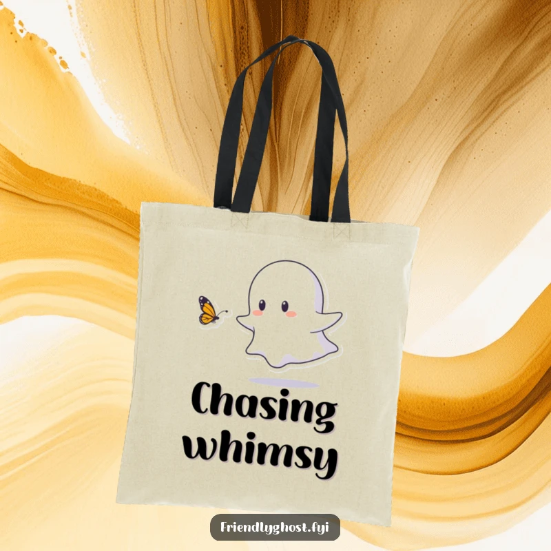 Funny tote bag design of a small ghost character playfully chasing a butterfly, capturing pure delight and perfect for daily use.