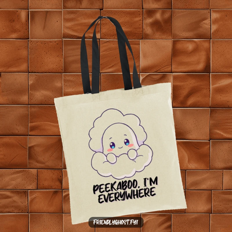 Funny Ghost Cloud Tote Bag: A little ghost peeks from behind a cloud, embodying curiosity and fun. Ideal for a funny gift for students or shoppers.