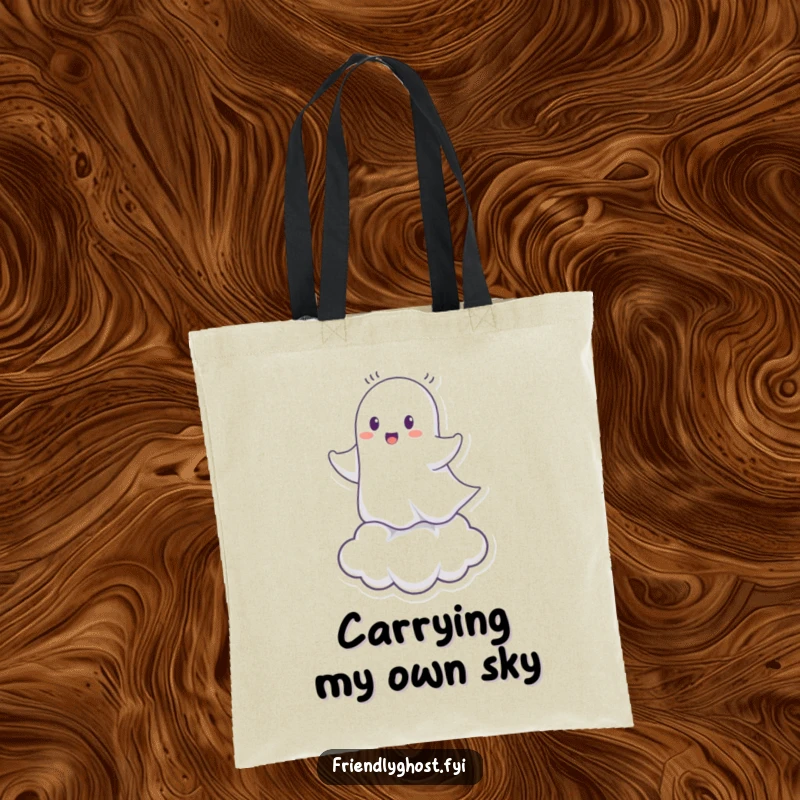 Funny Ghost Cloud Rider Tote Bag: Cheerful spirit riding a tiny cloud, ideal for humorous errands and gifts.