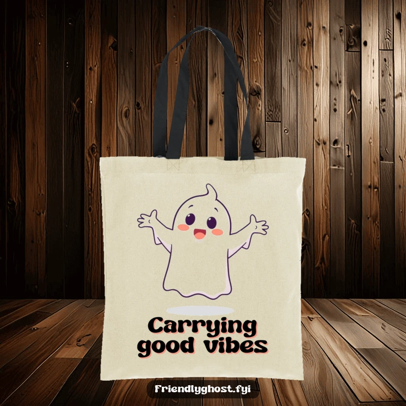 Funny ghost character tote bag, depicted in a happy, silly dance pose with arms outstretched playfully.