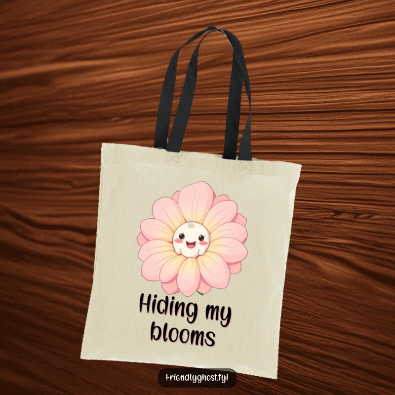 Funny Ghost Flower Tote Bag: Cute ghost peeking from behind a smiling flower, ideal for shopping with a touch of spooky fun.