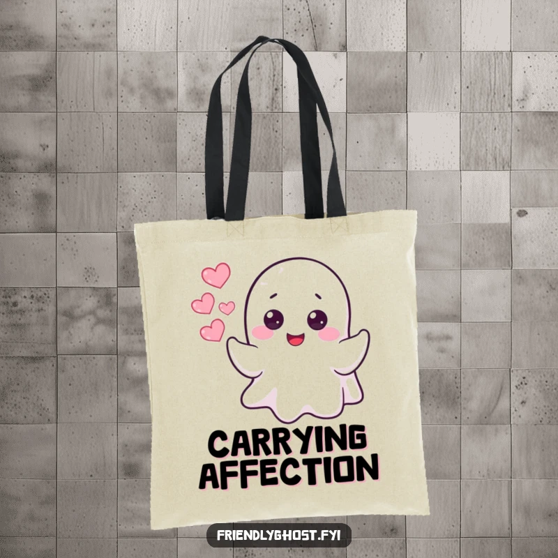 Funny cheerful ghost blowing heart bubbles, on a durable and humorous tote bag.