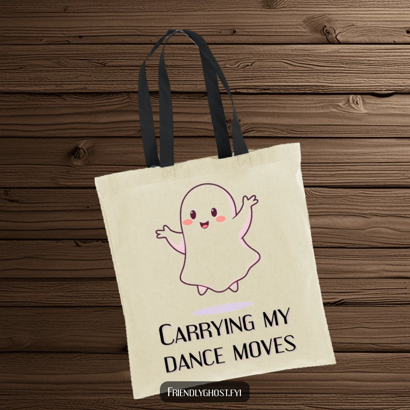 Funny ghost tote bag, a playful specter captured mid-pirouette, adding whimsical charm to shopping.