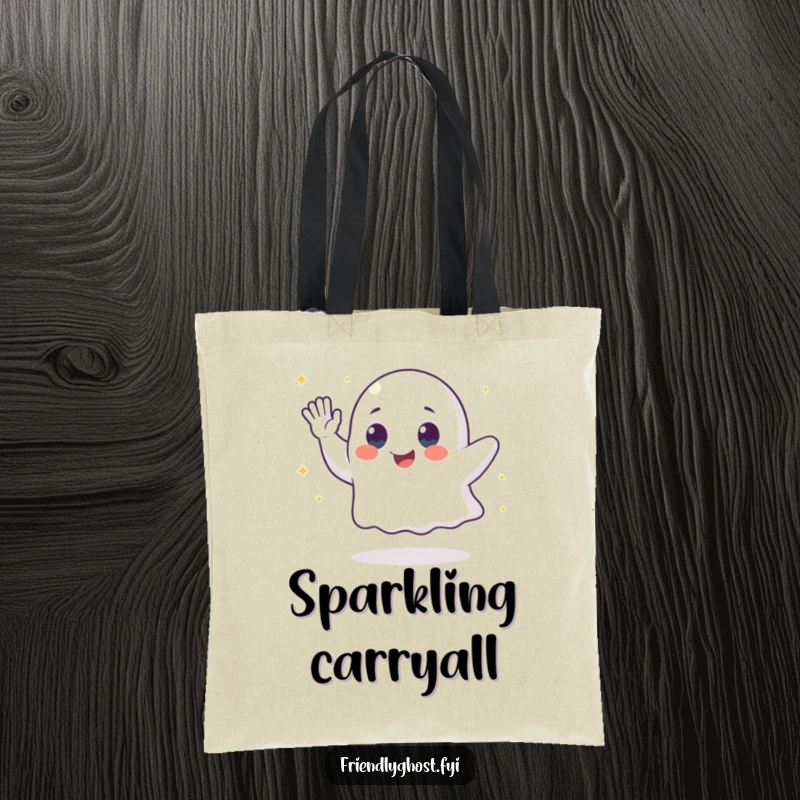 Funny ghost tote bag featuring a waving character leaving a trail of sparkling dust, perfect for carrying essentials with magic.