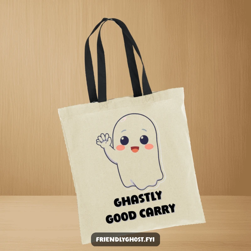 Funny tote bag featuring a smiling ghost character waving a friendly hello, showcasing a cheerful spectral companion.