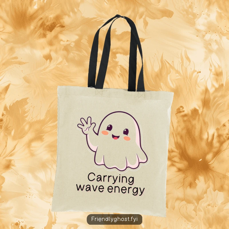 Funny Ghost Waving Tote Bag: Happy spirit waving enthusiastically, ideal for humorous errands and gifts.