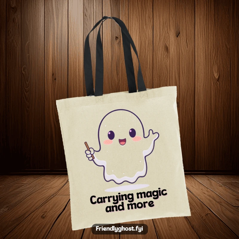 Funny tote bag with a translucent ghost happily waving a tiny, glowing wand, ideal for carrying magical items with style.