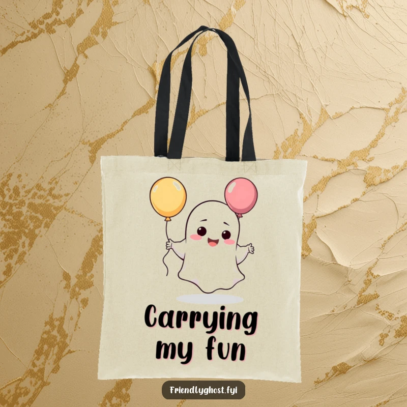 Funny giggling ghost tote bag with a silly character dancing happily, holding a balloon.