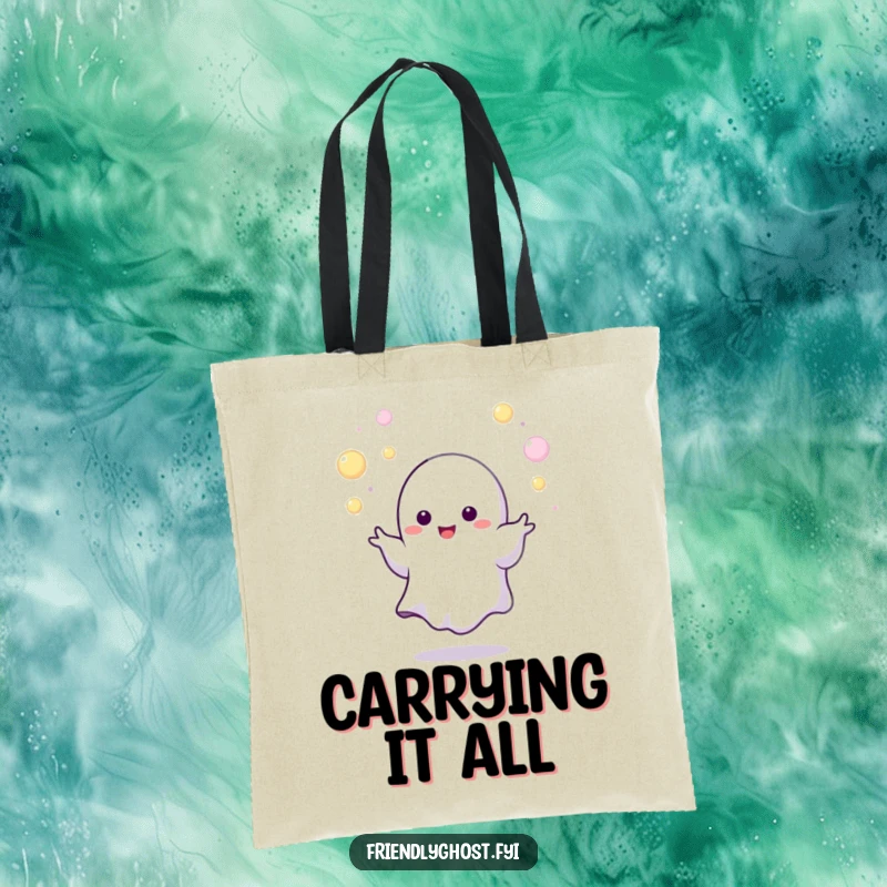 Funny juggling ghost tote bag featuring a tiny character expertly juggling tiny, glowing orbs, a durable and humorous carry-all gift.