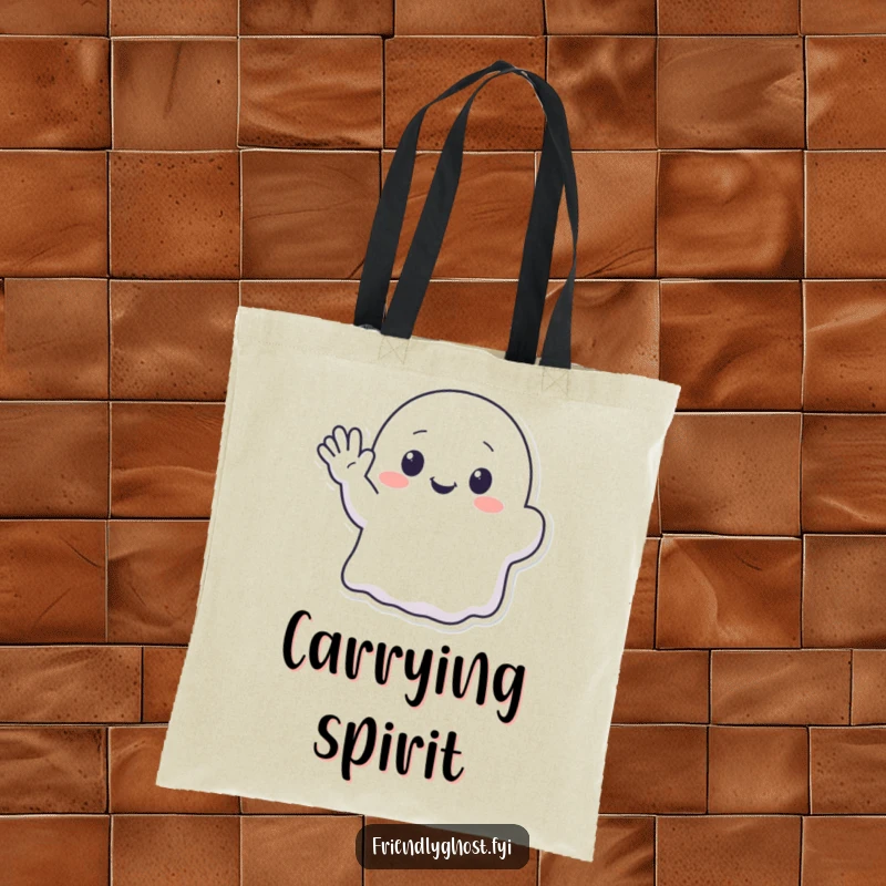 Funny tote bag with a kawaii ghost character enthusiastically waving with a lovely, translucent hand.