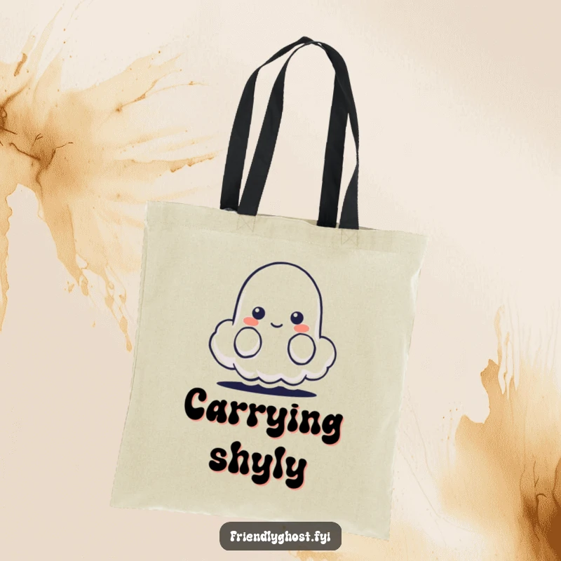 Funny tote bag with a shy ghost character peeking from behind a tiny, friendly, smiling cloud.