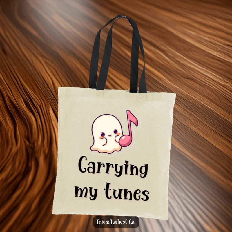 Funny shy ghost music tote bag featuring a timid ghost peeking from behind a floating music note, perfect for carrying music and essentials.