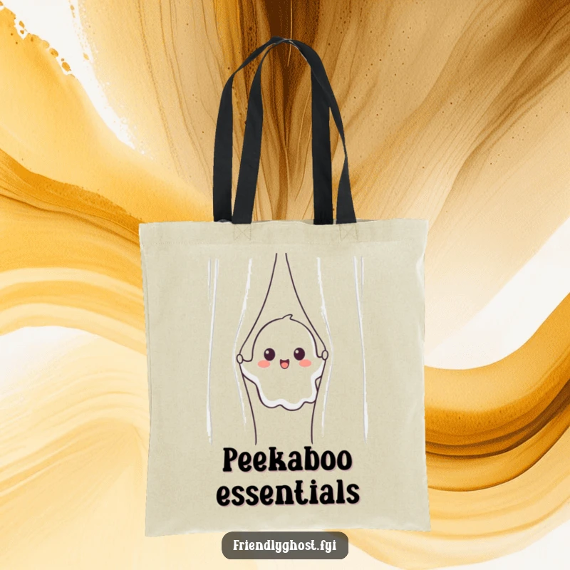 Funny ghost tote bag featuring a cheerful ghost peeking from behind a shimmering curtain, adding humor to your carry-all.